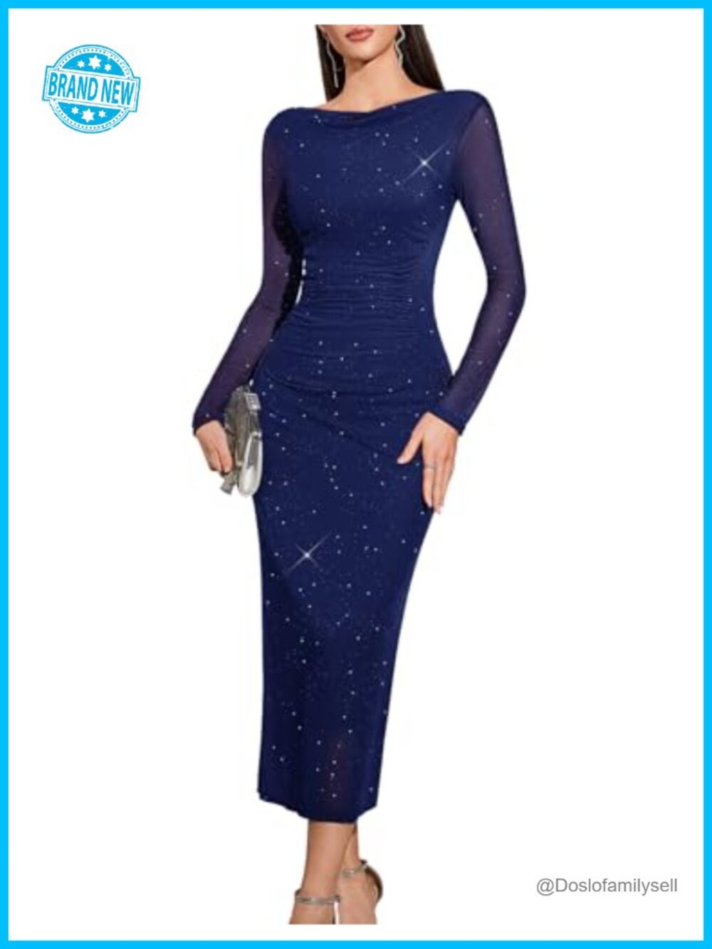 Glitter Mesh Long Sleeve Ruched Bodycon Midi Dress